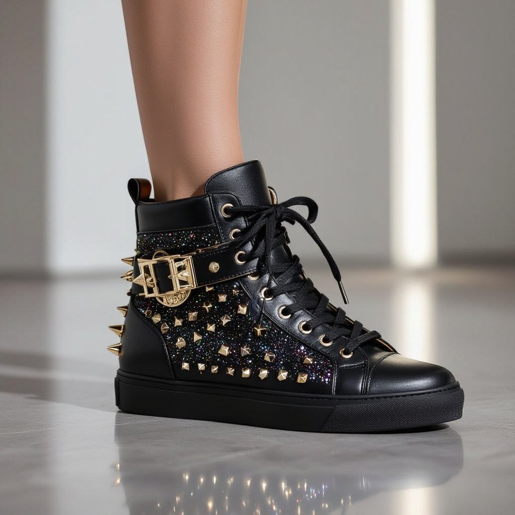 Can I get a hightop with a fusion of zannoti, gucci, versace and prada. Very luxurious and exotic and elegant. A little bit of spike and glitter
Glamorous fashion: High-top sneaker in black leather, with polished metal accents and delicate glitter. Spiked embellishments add a daring touch.