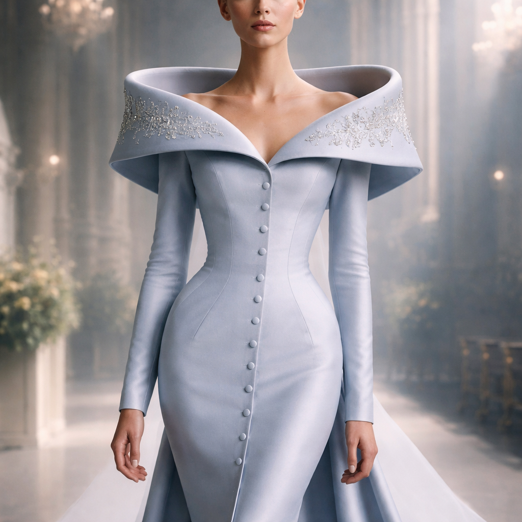 Elegant structured icy blue haute couture dress with dramatic oversized architectural off-shoulder collar, delicate silver embroidery on the collar edges, long fitted sleeves, front covered buttons, clean tailored silhouette, minimalist luxury runway fashion, cathedral background, soft cinematic lighting.
Elegant structured icy blue haute couture dress with dramatic oversized architectural off-shoulder collar, delicate silver embroidery on the collar edges, long fitted sleeves, front covered buttons, clean tailored silhouette, minimalist luxury runway fashion, cathedral background, soft cinematic lighting.