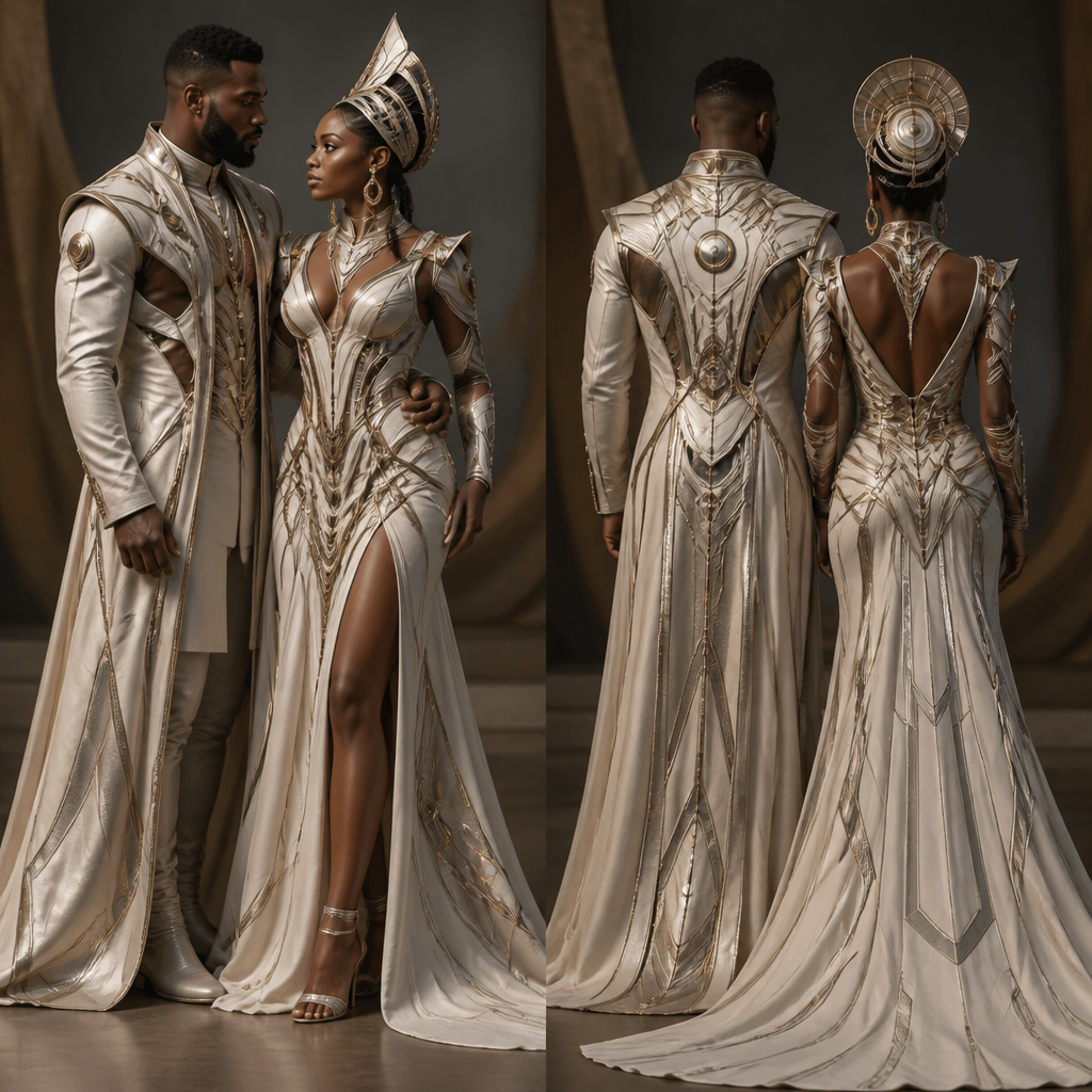 Classy, sexy, modest,Africa, Boricua, indigenous, Black King love and Black Queen love, mental health awareness , Faith in God
photorealistic fashion design, Classy, sexy, modest,Africa, Boricua, indigenous, Black King love and Black Queen love, mental health awareness , Faith in God, space_age style, just the design no text, show front and back
