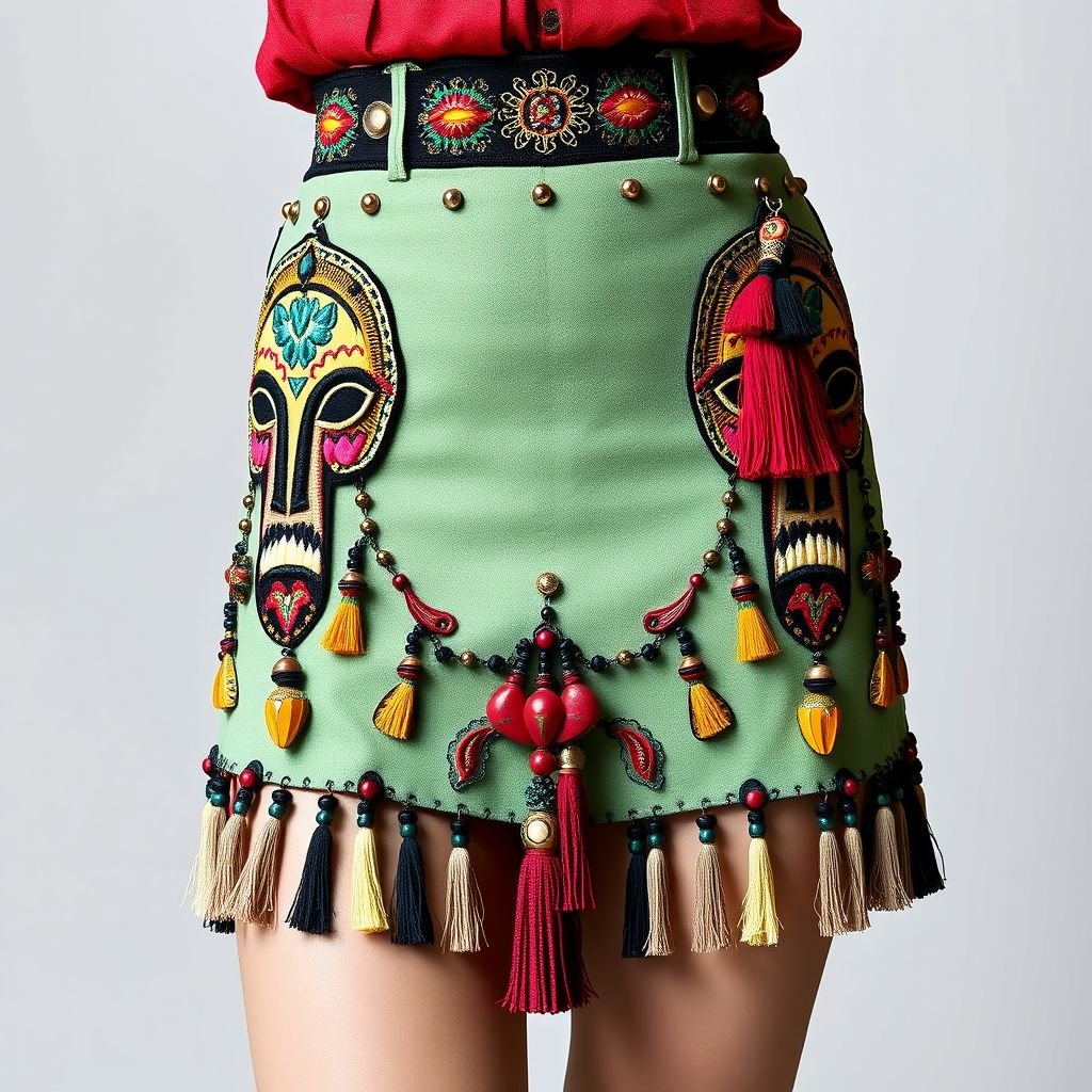 Designe a mini skirt Very micro and very low waist no masks just embroidery fully embroidered like a beduin mask from ksa with lots of tossels make it busy embroidery and different length tossels and studs to get her with long shifting tops like Jean Paul gaultier
Design a striking rockabilly mini skirt with a very micro, low-waisted silhouette. Adorn it with intricate, busy embroidery inspired by traditional Bedouin masks from KSA, featuring an eclectic mix of colorful tassels in varying lengths and metallic studs. Pair this daring piece with flowing, long tops reminiscent of Jean Paul Gaultier’s avant-garde style.