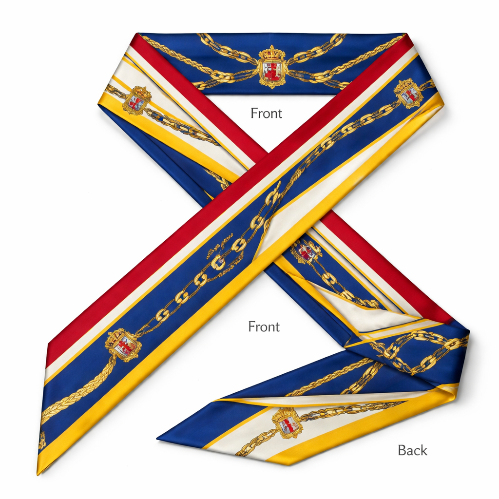 Design a scarf that is 5x86cm to be wrapped around the handle of a handbag for a lifestyle piece. Something Blair Waldorf would wear no bows
Use these colors
Royal Blue – #0057B8
• Crimson Red – #D50032
• Bright White – #FFFFFF
• Gold / Yellow – #FFC72C
• Sunflower Yellow – #FFD700
Design a scarf that is 5x86cm to be wrapped around the handle of a handbag for a lifestyle piece. Something Blair Waldorf would wear no bows
Use these colors
Royal Blue – #0057B8
• Crimson Red – #D50032
• Bright White – #FFFFFF
• Gold / Yellow – #FFC72C
• Sunflower Yellow – #FFD700, classic style, show front and back