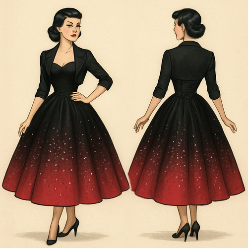 1950’s prom dress. Black fading into red with a petty coat. Sequins all around the skirt with a corset back.