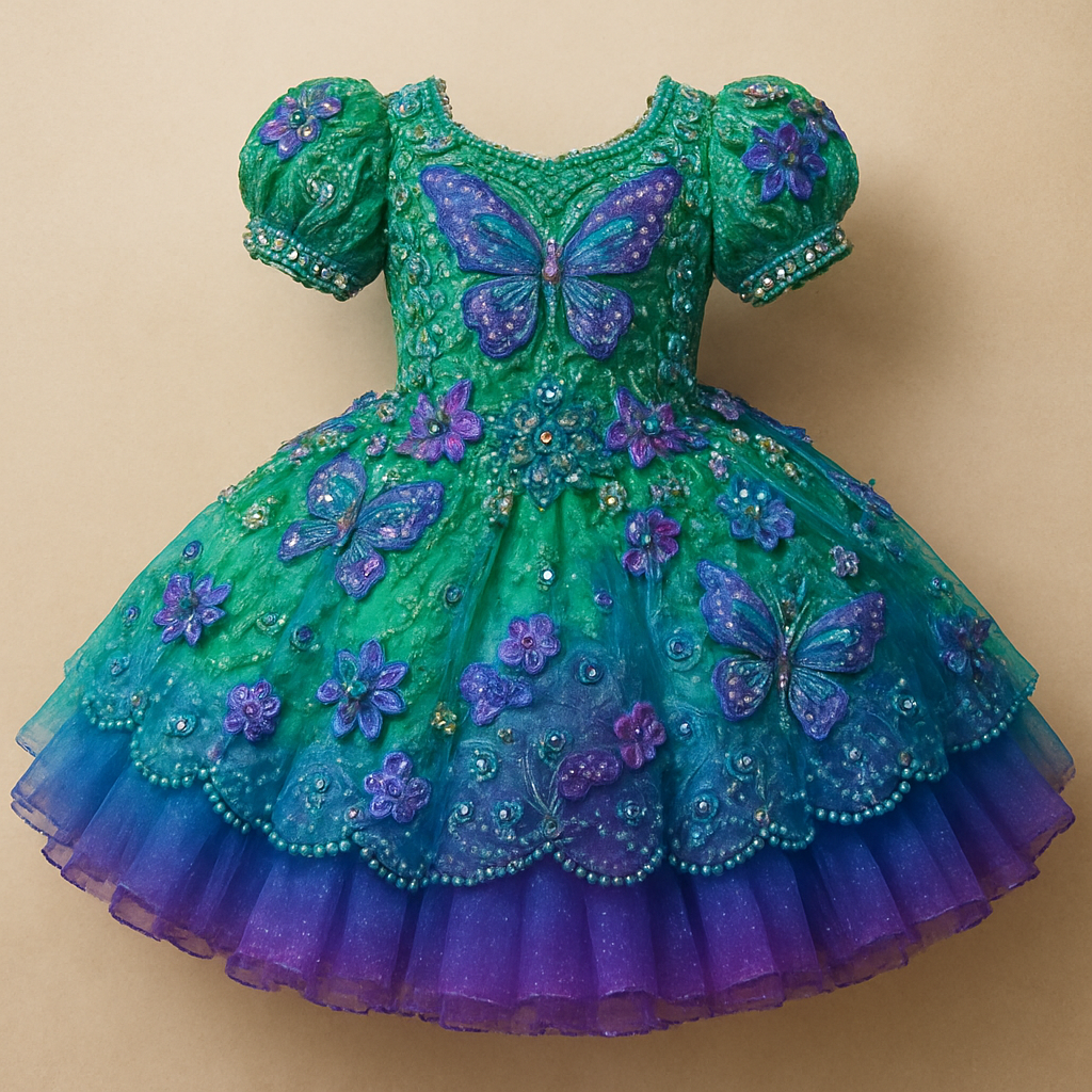 Can you create a little pageant dress, green, blue and purple colors, with butterflies, flowers, beads, pearls, sequins and rhinestones?
Can you create a little pageant dress, green, blue and purple colors, with butterflies, flowers, beads, pearls, sequins and rhinestones?