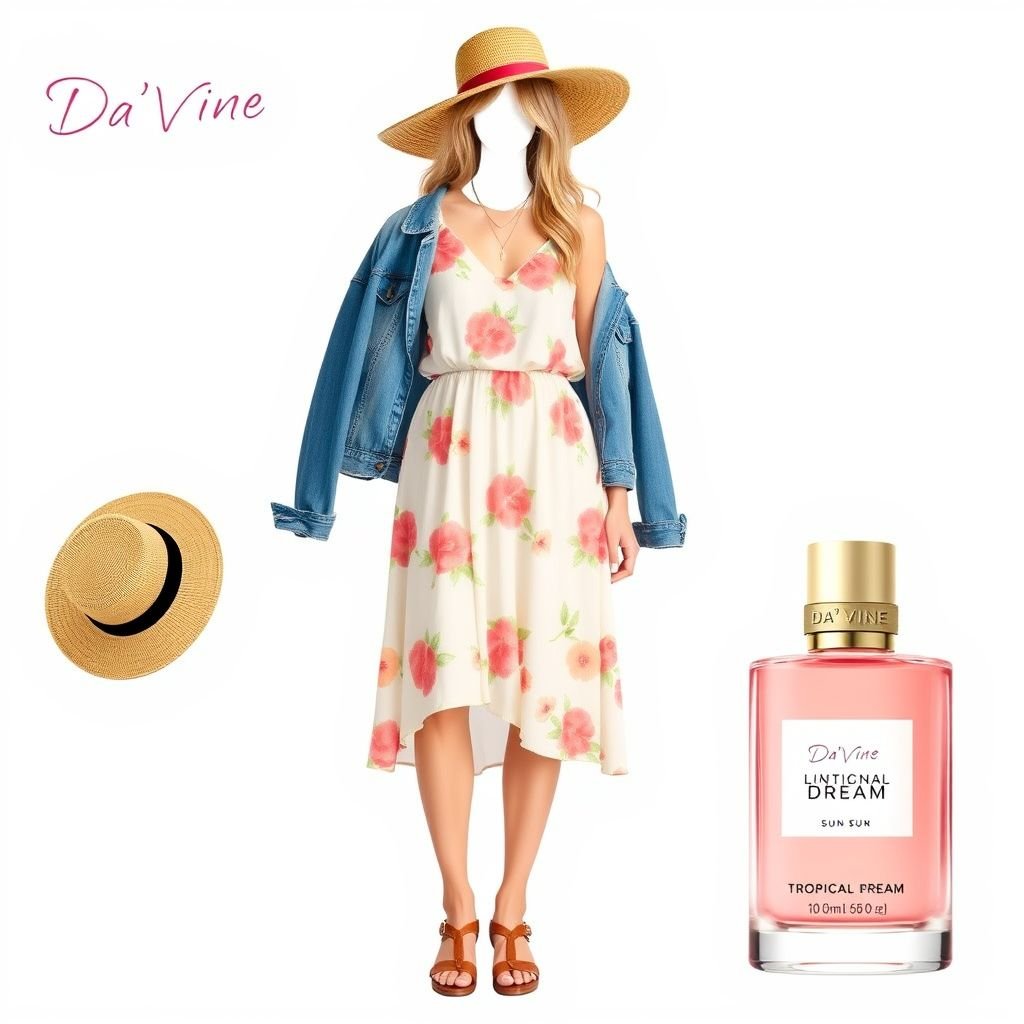 Create me a perfume from my brand. Give it a name that describes sweet or fruity. My brand name is called “Da’Vine”, but give the perfume its own name. Also add notes for me, to at will make this perfume sweet/fruity/airy
Design a casual fashion ensemble inspired by a new perfume from "Da'Vine" named "Tropical Dream." Imagine a lightweight, airy sundress adorned with hints of fruity colors like soft pink and vibrant peach, complemented by a denim jacket. Accessories include a straw hat and playful sandals, embodying relaxed, laid-back summer vibes.