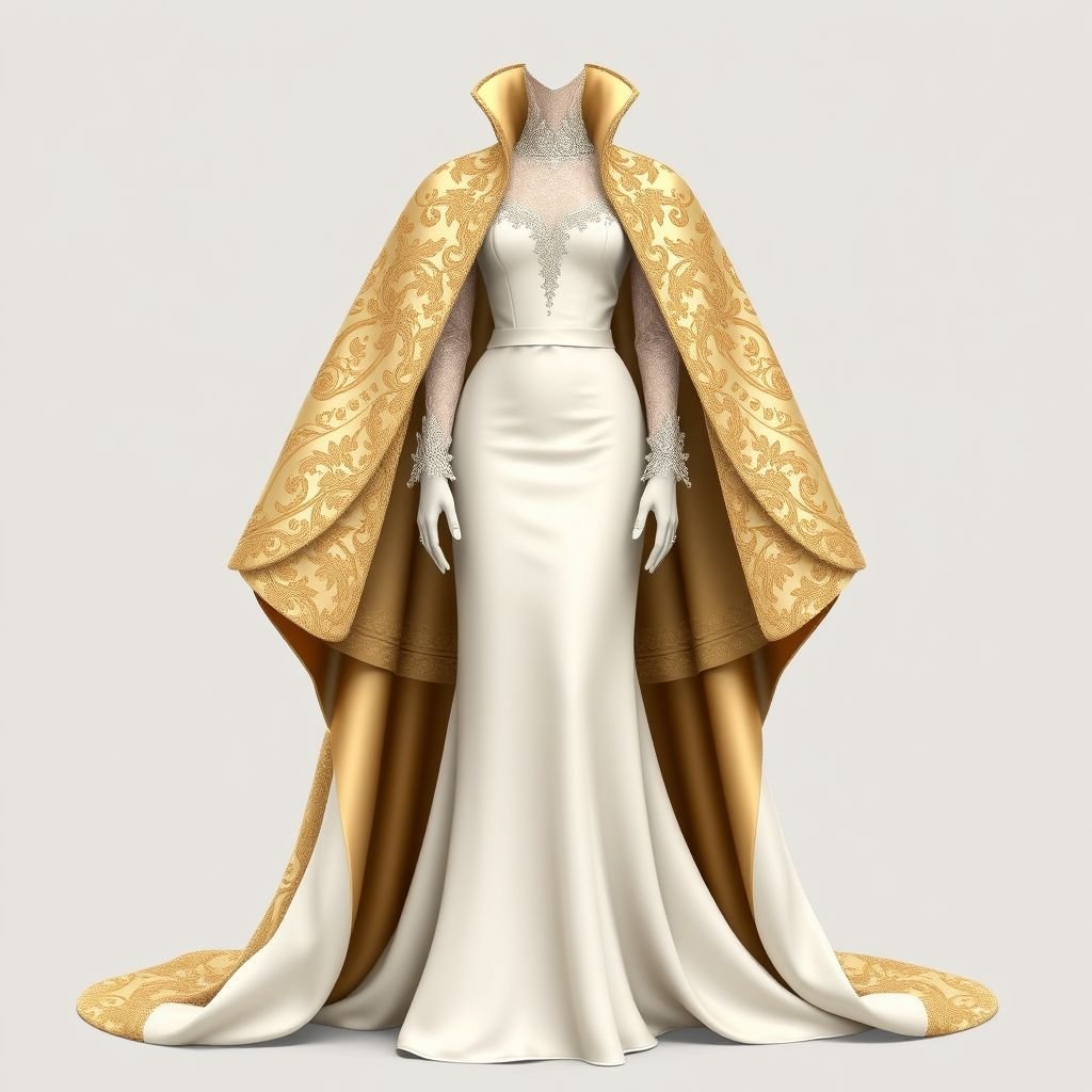 Historical dress with a big coat
Design an elegant formal ensemble inspired by historical fashion, featuring a voluminous, embroidered cape coat that cascades gracefully to the floor. The coat is adorned with intricate gold detailing and silk lining, paired with a fitted bodice gown that boasts a high neckline and delicate lace sleeves for a regal appearance.
