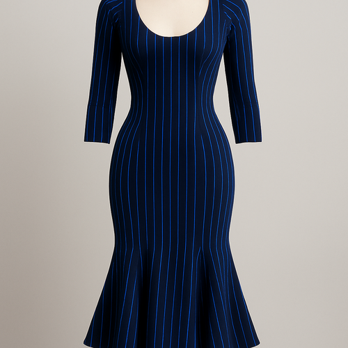 Thin electric blue Pin Stripped on navy midi dress with trumpet skirt and 3/4 sleeve. Raglan sleeve with deep scoop neck