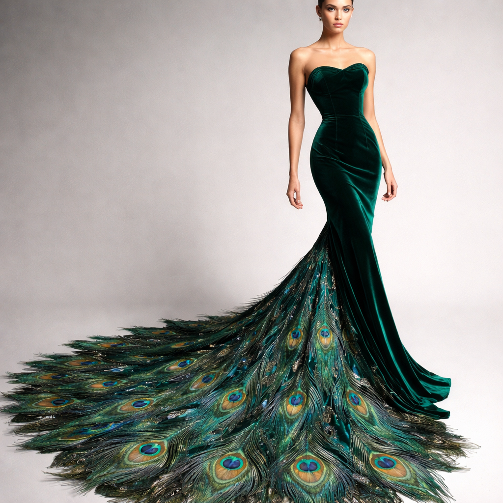 Create a minimalist evening gown with the main fabric being a green velvet and the skirt tail a dramatic finish inspired by a peacock’s tail.
Create a minimalist evening gown with the main fabric being a green velvet and the skirt tail a dramatic finish inspired by a peacock’s tail. , haute_couture style