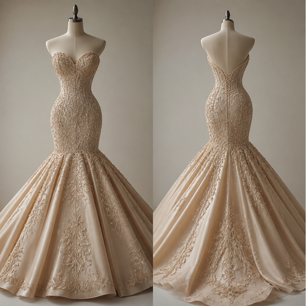 Mermaid Style dress with sweetheart neckline big bottom In champagne color
photorealistic fashion design, Mermaid Style dress with sweetheart neckline big bottom In champagne color , haute_couture style, just the design no text, show front and back