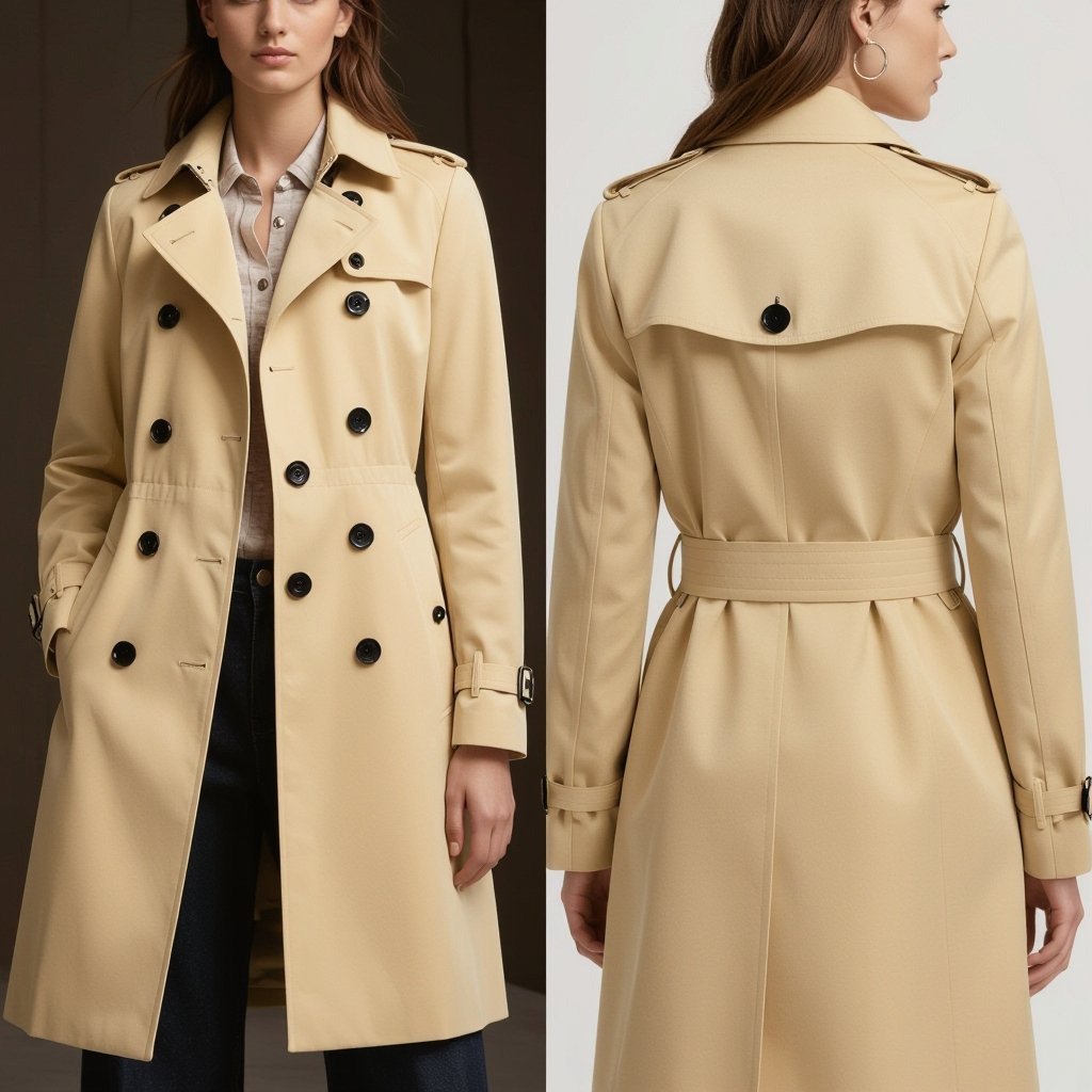 ترنچ کت بلند عسلی با دکمه های مشکی از تمام زوایا پشت کنار کار عکس میخوام
Full views - back, side, working shots - of a long honey trench coat with black buttons.