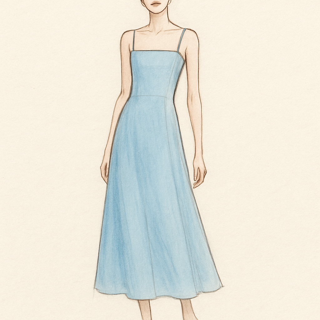 a line ankle length dress, powder blue with thin straps and a box neckline 


a line ankle length dress, powder blue with thin straps and a box neckline 
