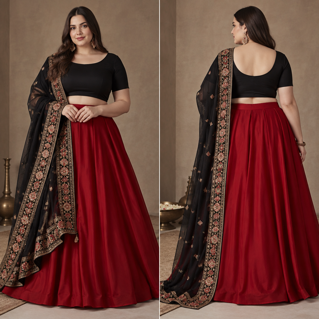 A Lehenga design, for Wedding, suitable for Winter, in Elegant style, shown on a model with light skin and a curvy figure. red skirt plain
black short sleeve plain top
garba outfit. Design with modest coverage. Present it as professional fashion catalogue photography: the garment is the subject, shown full-length with editorial styling, neutral posing and tasteful, non-suggestive framing.
photorealistic fashion design, A Lehenga design, for Wedding, suitable for Winter, in Elegant style, shown on a model with light skin and a curvy figure. red skirt plain
black short sleeve plain top
garba outfit. Design with modest coverage. Present it as professional fashion catalogue photography: the garment is the subject, shown full-length with editorial styling, neutral posing and tasteful, non-suggestive framing., elegant style, just the design no text, show front and back