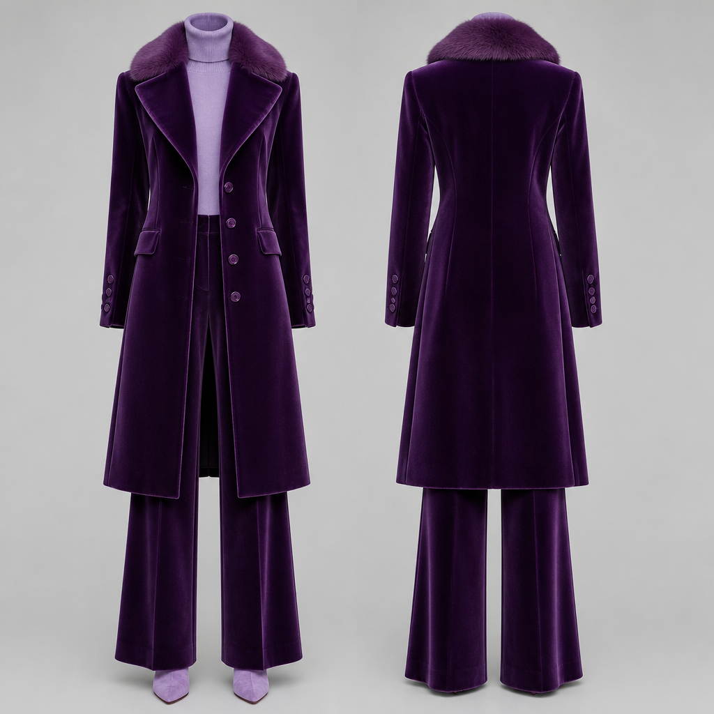 Woman purple velvet long coat with purple mink collar and six buttons on sleeves matching pinch pleat pants with pants flair legs purple ,and light purple suede boots light purple turtleneck no model just the outfit
photorealistic fashion design, Woman purple velvet long coat with purple mink collar and six buttons on sleeves matching pinch pleat pants with pants flair legs purple ,and light purple suede boots light purple turtleneck no model just the outfit , formal style, just the design no text, show front and back