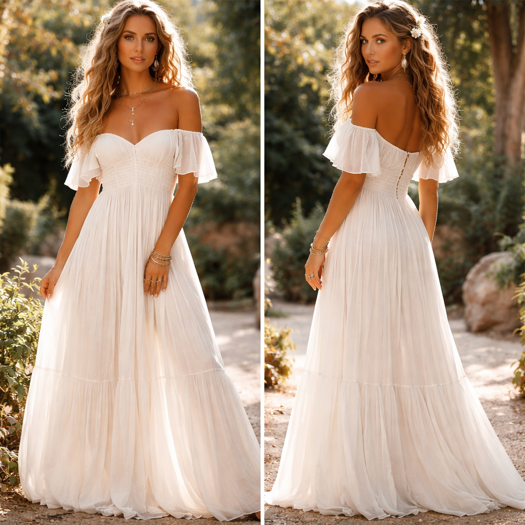 Bohemian maxi dress with small . Ethereal white. No slit. No sleeves. Off the shoulder. Pull under bust. Sweetheart cut. Slightly tighter. Tighter again. Flowy material across bust. More hippy boho
Bohemian maxi dress with small . Ethereal white. No slit. No sleeves. Off the shoulder. Pull under bust. Sweetheart cut. Slightly tighter. Tighter again. Flowy material across bust. More hippy boho
, glamorous style, show front and back