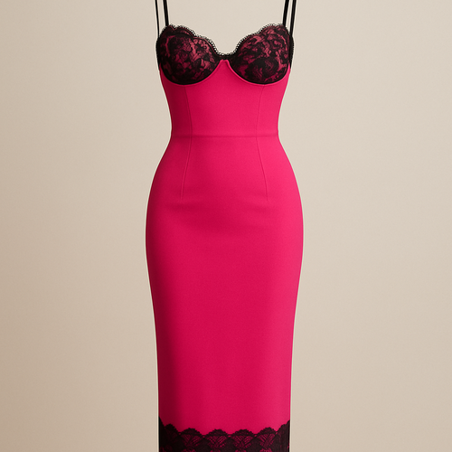 Hot pink midi dress
Black lace on cup details
Black lace trim
Fitted dress
Slightly less lace on cups