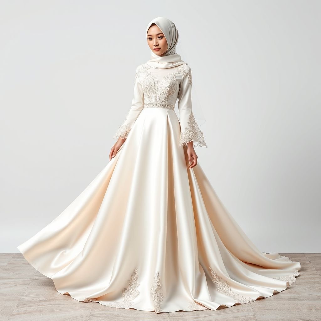 I want an elegant and modest bridal dresses they should also be unique and also put hijab and veils
Design an exquisite bridal gown in luxurious silk, featuring an elegant A-line silhouette that flows gracefully to the floor. Incorporate intricate lace accents along the bodice and draping sleeves. Complete the look with a chic silk hijab and a delicately embellished veil, ensuring a modest yet uniquely stunning bridal ensemble.