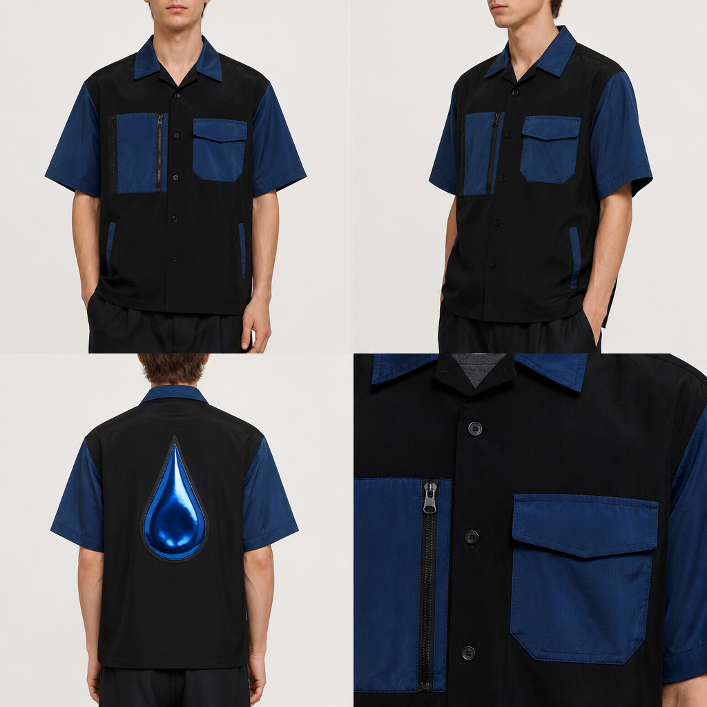 A Male Top design, suitable for Winter. camp shirt with short sleeves, blue collar and sleeves, black base, two blue chest pockets, the right pocket with a black zip running down along the buttons, the left pocket should have a flap, another 2 side pockets on the hem. a big blue shining tear drop on the back.. ZW fashion aesthetics.
photorealistic fashion design, A Male Top design, suitable for Winter. camp shirt with short sleeves, blue collar and sleeves, black base, two blue chest pockets, the right pocket with a black zip running down along the buttons, the left pocket should have a flap, another 2 side pockets on the hem. a big blue shining tear drop on the back.. ZW fashion aesthetics., just the design no text