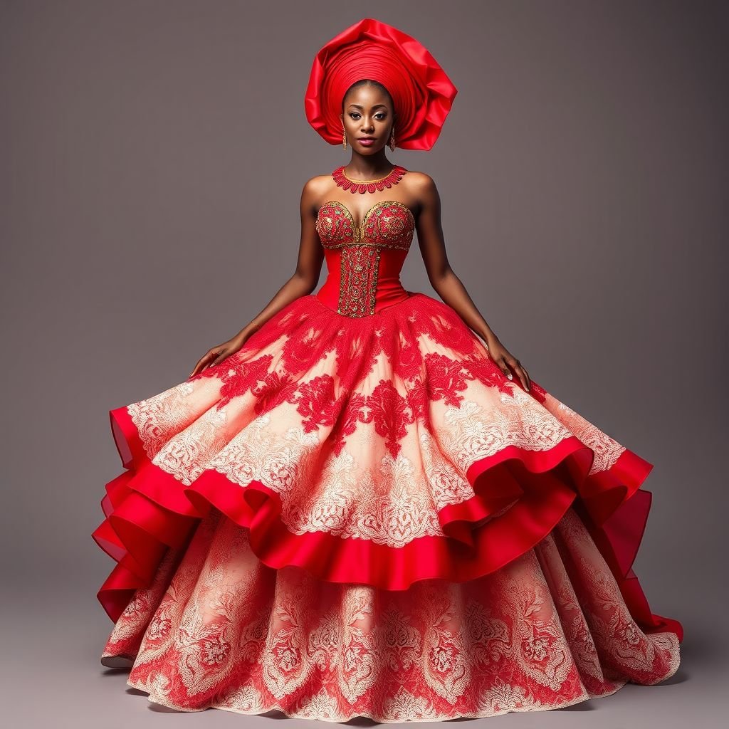 Create a an Igbo Nigerian wedding dress, in the color red and a corset. The model should be a catalog model.
Design an exquisite Igbo Nigerian wedding dress, blending traditional elements with modern flair. The gown features a vibrant red corset intricately adorned with beadwork and brass accents, flowing into a voluminous, layered skirt embellished with rich lace. A matching red gele (head wrap) completes this striking, regal look for the catalog model.