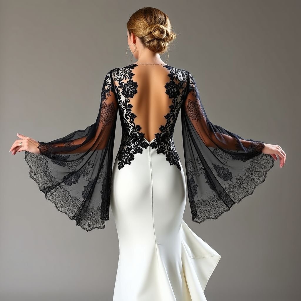 Fitted short gown with free long sleeve saw with crepe material
Design an enchanting fitted short gown crafted from soft crepe material, embracing a silhouette that hugs the curves elegantly. The gown features dramatic, flowing long sleeves, semi-transparent with intricate floral lace overlays, undulating gracefully with each movement. A deep V-back adds an alluring touch, while a whimsical asymmetrical hem flutters playfully.