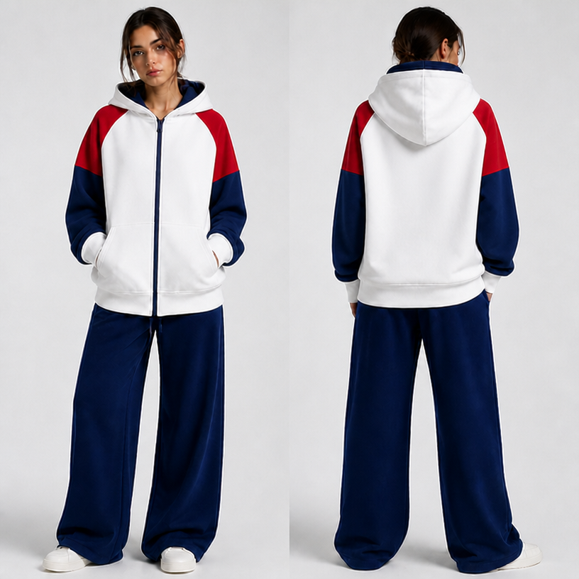 Fix sleeve design — match EXACTLY the reference image (IMG_9593.webp):
Each sleeve must be TWO-TONE (dual-color) — both red and navy blue on the SAME sleeve.
Examples of how it should look:
· Option 1: Upper part of sleeve = red, lower part = navy blue (horizontal split)
· Option 2: Outer half of sleeve = red, inner half = navy blue (vertical split)
· Option 3: Raglan sleeve with red and navy color-block panels (like the reference)
Both sleeves must have the SAME two-color pattern — red + navy blue on each sleeve.
NOT one sleeve red and one sleeve navy.
NOT white sleeves.
Jacket body: remains white.
Cuffs and hem: solid white (NO stripes).
Everything else unchanged.
CRITICAL: each sleeve = RED + NAVY BLUE together, matching IMG_9593.webp exactly.
edit the attached fashion design with these instructions: Fix sleeve design — match EXACTLY the reference image (IMG_9593.webp):
Each sleeve must be TWO-TONE (dual-color) — both red and navy blue on the SAME sleeve.
Examples of how it should look:
· Option 1: Upper part of sleeve = red, lower part = navy blue (horizontal split)
· Option 2: Outer half of sleeve = red, inner half = navy blue (vertical split)
· Option 3: Raglan sleeve with red and navy color-block panels (like the reference)
Both sleeves must have the SAME two-color pattern — red + navy blue on each sleeve.
NOT one sleeve red and one sleeve navy.
NOT white sleeves.
Jacket body: remains white.
Cuffs and hem: solid white (NO stripes).
Everything else unchanged.
CRITICAL: each sleeve = RED + NAVY BLUE together, matching IMG_9593.webp exactly.. keep it photorealistic, just the design no text