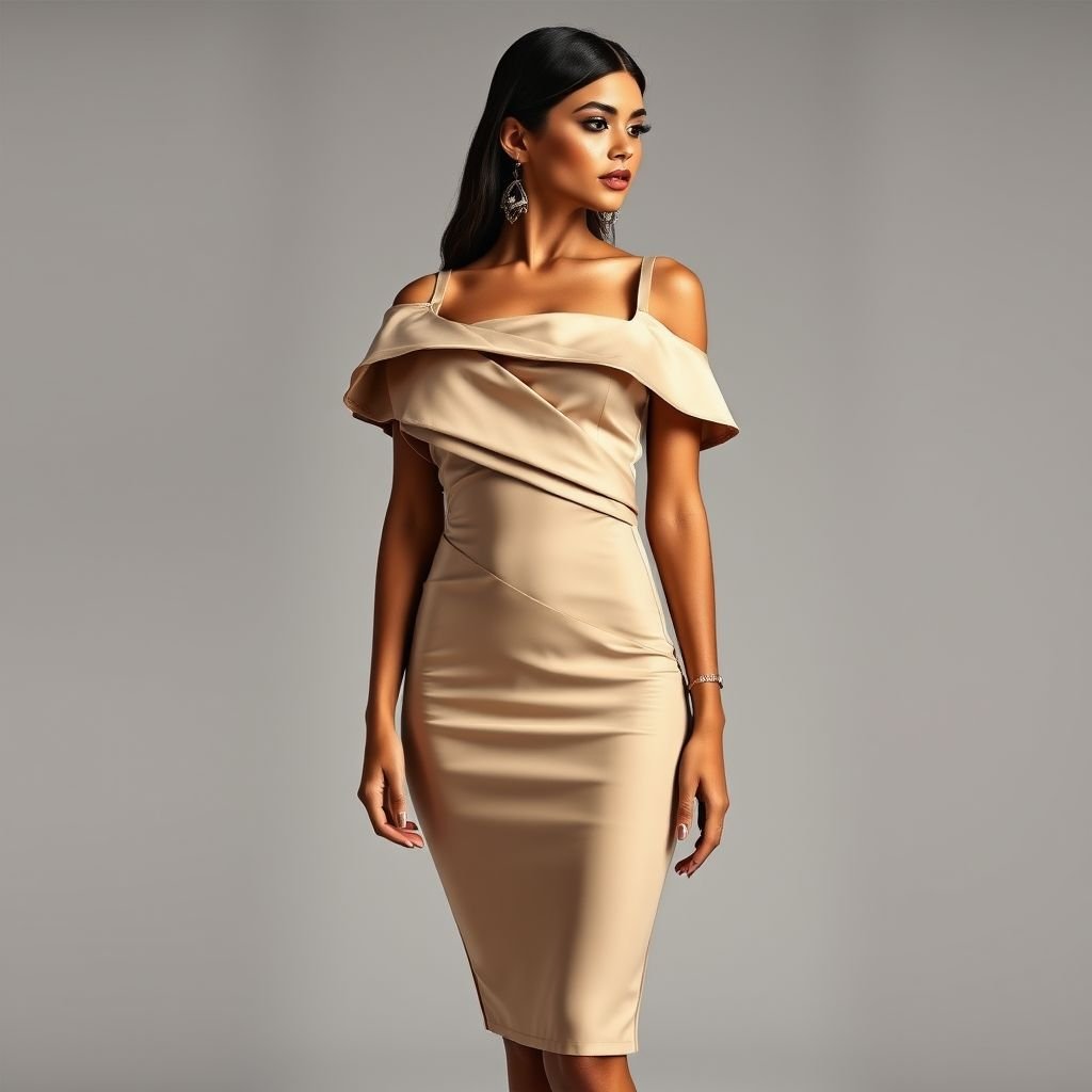Half cut layer, square neck bodycon beige dress i
Imagine a chic half-cut layer bodycon dress with a striking square neckline, crafted from luxurious beige fabric. The top layer is structured and asymmetrical, creating fluid movement, while the second layer hugs the curves elegantly. Accentuate with bold geometric earrings and sleek strappy heels for a modern, sophisticated look.