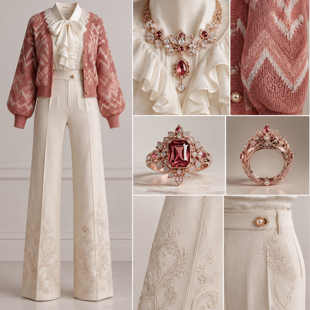 Make a catalog. Make the cardigan be light red with zigzag pattern and make it look elegant and cute and some swag. Make the blouse white soft and cute and luxury looking and for the pants make it long and straight and make it look comfy to wear too and designs. For the necklace make it luxury and modern look like a tiara looking. For the ring make it luxury and have it have emerald and make it light red
photorealistic fashion design, Make a catalog. Make the cardigan be light red with zigzag pattern and make it look elegant and cute and some swag. Make the blouse white soft and cute and luxury looking and for the pants make it long and straight and make it look comfy to wear too and designs. For the necklace make it luxury and modern look like a tiara looking. For the ring make it luxury and have it have emerald and make it light red , just the design no text, show front and back