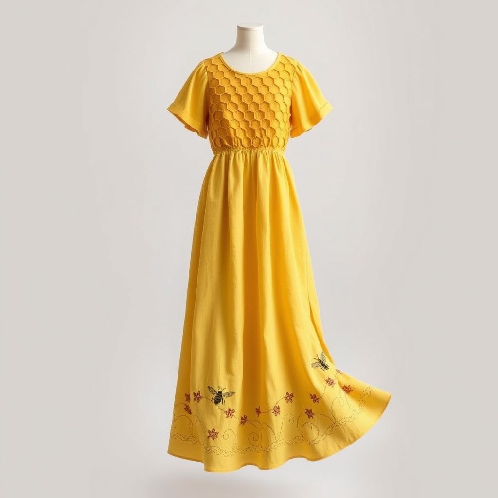 A honey bee & honey comb themed spring day dress.
Design a flowing, earthy spring day dress inspired by honey bees and honeycombs. Use a palette of warm yellows, soft browns, and rich golds. Incorporate organic textures, like linen and cotton. The dress should feature hexagonal patterns reminiscent of honeycombs, with delicate bee motifs embroidered along the hemline for a whimsical touch.