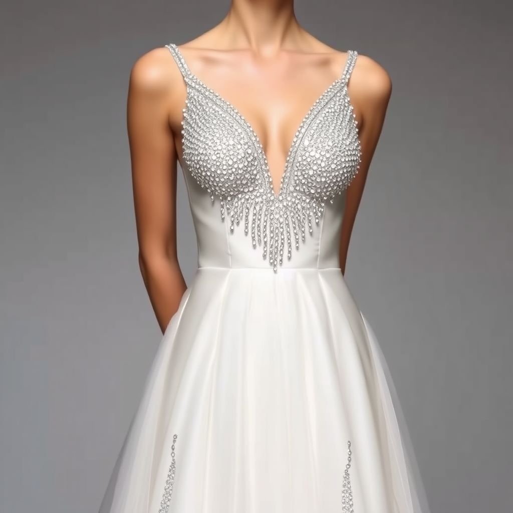 2. Upper Part: • Deep V-shaped neckline starting from the shoulders down to the underbust area. • The neckline is heavily adorned with white crystal embellishments, which are densest at the top and gradually decrease downward. • A thin, sash-like white belt wraps around the waist. 3. Lower Part: • From the waist down, the fabric falls straight, made of very lightly layered and slightly voluminous white tulle or organza. • The volume is minimal, creating a natural and elegant look. • The delicate fabric begins where the crystal embellishments end. 4. Color and Fabric: • The main fabric is white, made of shiny satin or silk. • The crystals or pearls embellishing the neckline and bust are in crystal or pearl tones. • The lower part’s fabric is white, slightly transparent, and has a flowing movement. 5. Details: • The back can be open or feature thin straps. • Sleeves are either absent or very thin straps are preferred. • The crystals used on the neckline and bust area are small and delicate, creating a subtle sparkle without overwhelming the design.
Presenting an ethereal evening gown that exudes timeless elegance. The deep V-shaped neckline accentuates the décolletage, meticulously adorned with a cascade of sparkling crystals that create an enchanting gradient. The sleek silhouette flows into softly layered tulle, enhancing graceful movement. Perfect for a glamorous soirée, this exquisite ensemble embodies refined sophistication.