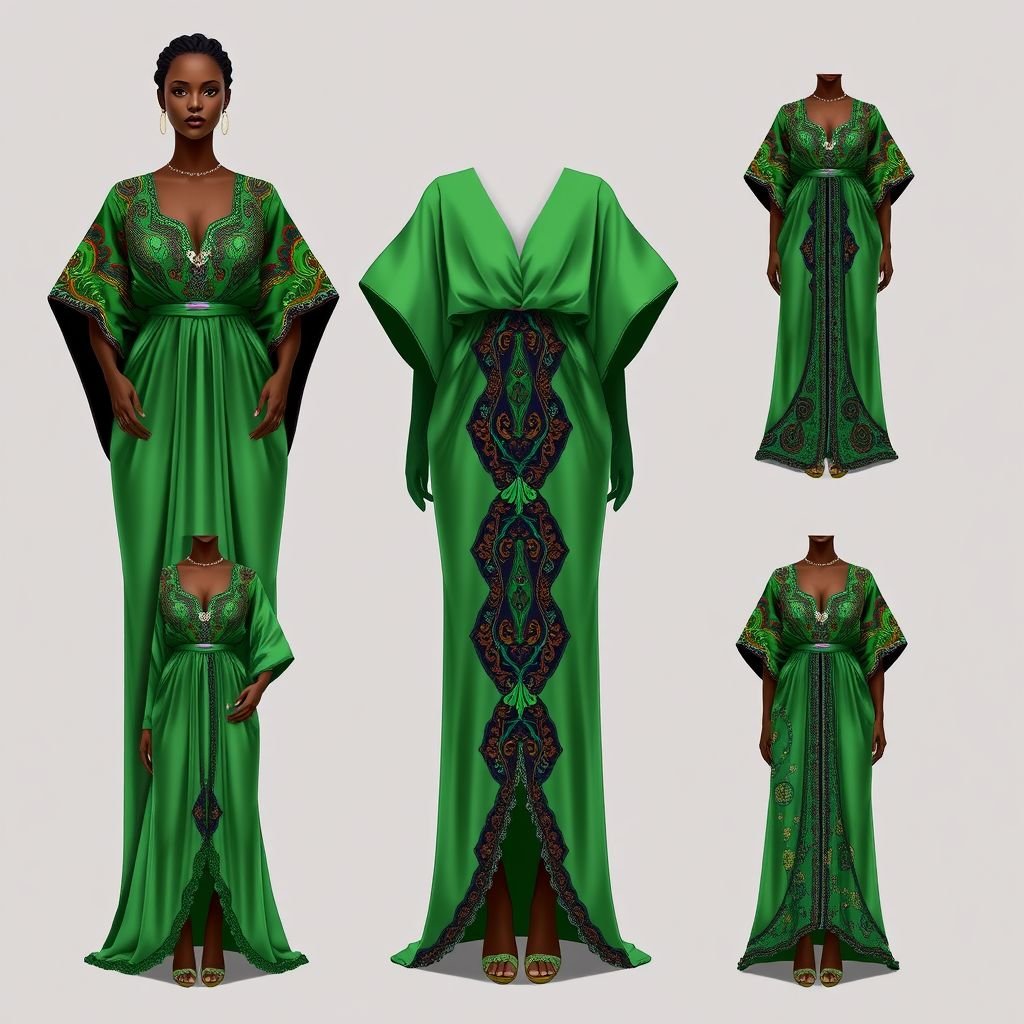 Create a kaftan style design that incorporates a little slice of structure, some ruched details in dark hunter green color and some crystal embroidery to help cover a ruched waist. This is woman’s kaftan that combines the modern with the traditional Nigerian kaftan look. Make the design on one continuous flowing fabric piece. Create 5 variation in hunter green. With a lower neckline
Design a luxurious kaftan inspired by vibrant African heritage, blending traditional Nigerian aesthetics with modern elegance. Constructed from a flowing, continuous hunter green fabric, this piece features structured elements, ruched detailing at the waist, and intricate crystal embroidery. Explore five variations, each with unique patterns, lower necklines, and a rich cultural essence.