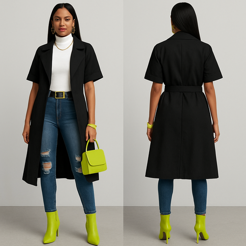 White turtleneck short sleeves black trench coat 
Fitted ripped jeans
Gold belt on pants 
Gold necklace 
Lime Heel boots 
Lime green earrings and bracelet 
Sew in 
Lime green purse 