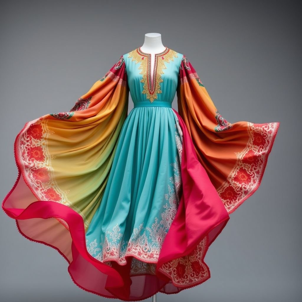 Dress that united different culture
Create a stunning dress that weaves together global cultures through a harmonious blend of textiles and designs. Incorporate intricate Indian embroidery, Japanese kimono sleeves, African tribal patterns, and European lace, creating an eclectic masterpiece. Soft, flowing fabrics in vibrant hues cascade gracefully, embodying unity in diversity, while embracing modern silhouettes and comfort.