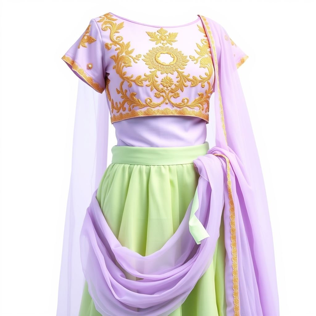 I want light purple blouse with short sleeves with gold mixture of short blouse with light green skirt and purple shawl .outfit like half saree
Envision a delicate light purple blouse adorned with intricate gold embroidery, short sleeves gently fluttering. Paired with a flowing light green skirt featuring cascading layers, it exudes elegance. A sheer lavender shawl elegantly drapes, completing the ensemble in a half-saree style. The look harmonizes vibrant colors, creating a sophisticated, modern twist.