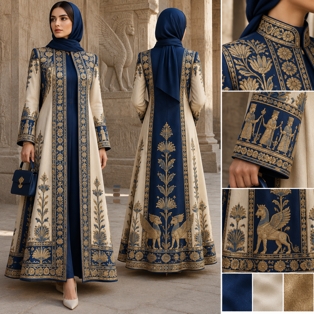 Design a breathtaking Iranian-Islamic women's manteau inspired by the art, royal elegance, and architectural motifs of the Achaemenid Persian Empire.
The design should combine ancient Persian heritage with contemporary modest fashion.
Design details:
- A long, flowing, loose-fitting manteau with a graceful and dignified silhouette.
- A modest high neckline, full-length sleeves, and an elegant ankle-length design.
- Rich lapis blue, ivory, and antique gold as the main colors.
- Intricate gold embroidery inspired by Achaemenid art at Persepolis, including lotus flowers, Persian rosettes, palmette patterns, and geometric borders.
- Decorative embroidered panels along the front opening, cuffs, shoulders, and lower hem.
- Subtle patterns inspired by ancient Persian palace reliefs, arranged in a refined and sophisticated way.
- Luxurious, opaque fabric with beautiful movement and a soft, structured drape.
- A regal yet understated appearance that celebrates Iranian identity, cultural heritage, and Islamic modesty.
- Avoid costume-like styling; make the garment practical, wearable, and suitable for modern women.
Presentation:
Show a full-length female fashion model wearing the complete manteau. Include front and back views, close-up details of the embroidery, fabric texture, and color palette. Present the result as a professional haute couture fashion design illustration.
The final design should feel timeless, elegant, culturally inspired, and distinctly Iranian.. IR fashion aesthetics. Present it as professional fashion catalogue photography: the garment is the subject, shown full-length with editorial styling, neutral posing and tasteful, non-suggestive framing.
photorealistic fashion design, Design a breathtaking Iranian-Islamic women's manteau inspired by the art, royal elegance, and architectural motifs of the Achaemenid Persian Empire.
The design should combine ancient Persian heritage with contemporary modest fashion.
Design details:
- A long, flowing, loose-fitting manteau with a graceful and dignified silhouette.
- A modest high neckline, full-length sleeves, and an elegant ankle-length design.
- Rich lapis blue, ivory, and antique gold as the main colors.
- Intricate gold embroidery inspired by Achaemenid art at Persepolis, including lotus flowers, Persian rosettes, palmette patterns, and geometric borders.
- Decorative embroidered panels along the front opening, cuffs, shoulders, and lower hem.
- Subtle patterns inspired by ancient Persian palace reliefs, arranged in a refined and sophisticated way.
- Luxurious, opaque fabric with beautiful movement and a soft, structured drape.
- A regal yet understated appearance that celebrates Iranian identity, cultural heritage, and Islamic modesty.
- Avoid costume-like styling; make the garment practical, wearable, and suitable for modern women.
Presentation:
Show a full-length female fashion model wearing the complete manteau. Include front and back views, close-up details of the embroidery, fabric texture, and color palette. Present the result as a professional haute couture fashion design illustration.
The final design should feel timeless, elegant, culturally inspired, and distinctly Iranian.. IR fashion aesthetics. Present it as professional fashion catalogue photography: the garment is the subject, shown full-length with editorial styling, neutral posing and tasteful, non-suggestive framing., just the design no text