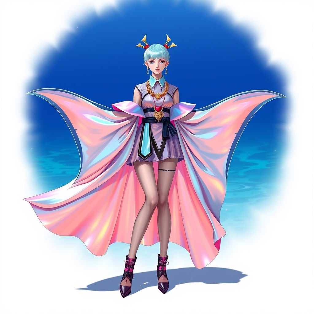 Inspired by manta ray animal
Design a striking Harajuku-inspired outfit, incorporating the graceful form of a manta ray. Utilize flowing, oversized silhouettes in iridescent fabrics that mimic the ocean's play of light. Feature exaggerated fins as sleeves, vibrant colors, and layered accessories, combining kawaii elements with avant-garde aesthetics for a playful, yet sophisticated look.