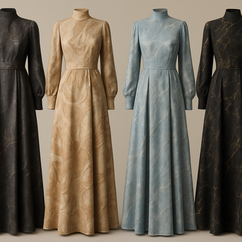 Create a modest dresses, first of its kind, featuring a unique stone design that exudes a classy and sophisticated vibe. I'd like four designs, each showcasing different styles and fabrics. Incorporate high-end, unique chic stone designs to make them truly special. Add little sophisticated stone designs. Make it irresistible for customers 