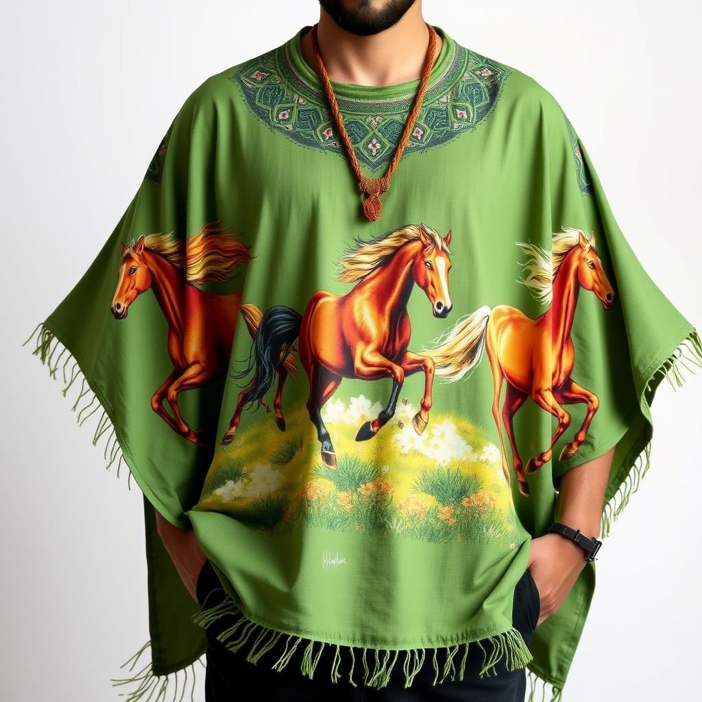 man green summer poncho which is handpainted of horse
Design a whimsical summer poncho for men, crafted from lightweight, breathable green fabric. The poncho features intricate hand-painted depictions of galloping horses, infused with vibrant colors that evoke the spirit of nature. With a loose, flowing silhouette and subtle fringe detailing, it captures both rugged charm and artistic flair—a perfect statement piece for outdoor adventures.