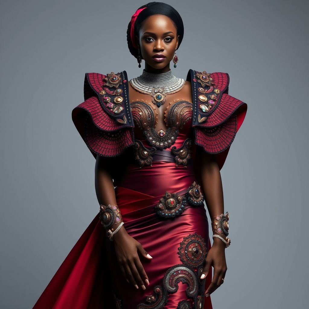 Edgy for a Nigerian traditional wedding with lots of beading and embellishments . For a bold lady
Design a daring gown for a Nigerian traditional wedding, merging edgy silhouettes with vibrant cultural elements. Imagine sharp asymmetrical cuts adorned with bold beading and intricate embellishments. Incorporate leather accents and dramatic metallic textures. Use a striking color palette of deep jewel tones, creating an unforgettable statement for a fearless, confident bride.