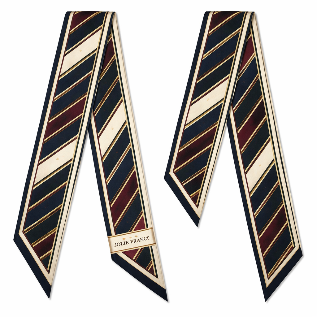 Design a 5cm x 86cm silk twill scarf for a luxury brand called Jolie Franc with an American preppy style and a touch of British tailoring. Feature a crisp heritage stripe pattern inspired by Ivy League ribbons and classic British regimental stripes. Use a refined color palette of ivory, navy, hunter green, and burgundy with subtle antique gold accents. The design should be structured, balanced, and timeless, with a thin framed border and hand-rolled edges. Elegant and recognizable when wrapped around a Kelly-style bag handle or worn for refined daytime or evening occasions.
Design a 5cm x 86cm silk twill scarf for a luxury brand called Jolie Franc with an American preppy style and a touch of British tailoring. Feature a crisp heritage stripe pattern inspired by Ivy League ribbons and classic British regimental stripes. Use a refined color palette of ivory, navy, hunter green, and burgundy with subtle antique gold accents. The design should be structured, balanced, and timeless, with a thin framed border and hand-rolled edges. Elegant and recognizable when wrapped around a Kelly-style bag handle or worn for refined daytime or evening occasions., classic style, show front and back