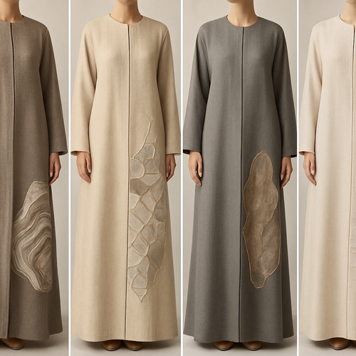 Create a modest two-piece linen abaya, the first of its kind, featuring a unique stone design that exudes a classy and sophisticated vibe. I’d like four designs, each showcasing different styles and fabrics. Incorporate high-end, unique chic stone designs to make them truly special. Add little sophisticated stone designs.