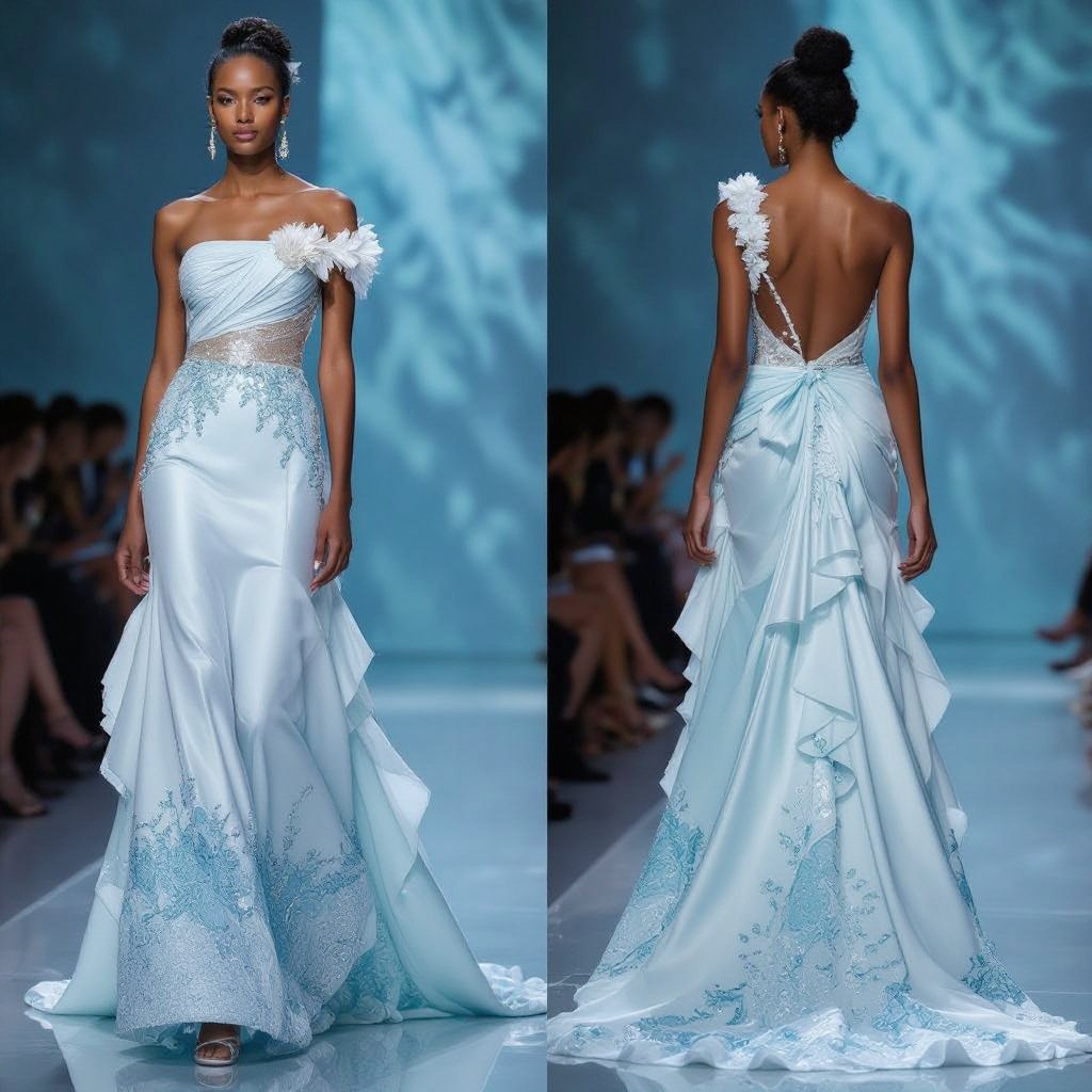 Design a Durban July outfit with an oceanic theme. The dress must be long with a dramatic trail and frills. It has to have a statement piece on the left shoulder
Design a Durban July outfit with an oceanic theme. The dress must be a long, flowing silk gown with a dramatic trail and delicate organza frills. It has to have a statement pearl and seashell embellishment on the left shoulder.