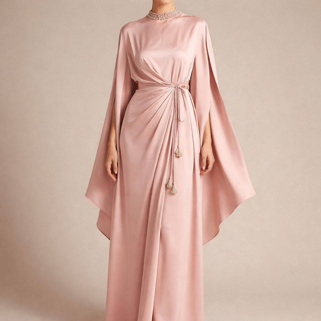 Modest blush pink silk crepe kaftan, floor length, high neckline, unique asymmetric draped cutline from shoulder to waist, cape sleeves with slit opening, minimal pearl edging on neckline and sleeves, built-in wrap waist with tassel tie, luxury couture finishing, Pakistani fusion wear, editorial studio lighting, neutral beige background, soft glam model, full length fashion photo, ultra realistic.
Ready To Wear fashion design: Blush pink silk kaftan, floor-length, high neckline. Asymmetric drape from shoulder to waist, cape sleeves with slits. Minimal pearl trim on neckline and sleeves. Built-in wrap waist with tassel tie. Loose fit. Studio lighting, beige background, full-length photo.