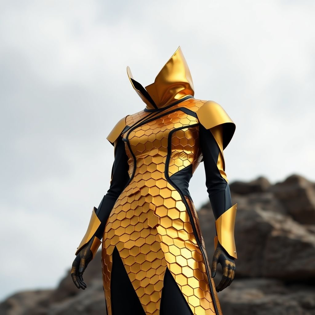 A honey bee & honey comb themed spring day dress.
Design a space_age spring day dress inspired by honey bees and honeycombs. Imagine a futuristic silhouette with geometric honeycomb patterns in iridescent gold and amber fabrics. Features asymmetrical cuts and metallic accents, with honey bee motifs integrated into a sleek design, capturing the essence of nature within a cosmic, avant-garde aesthetic.