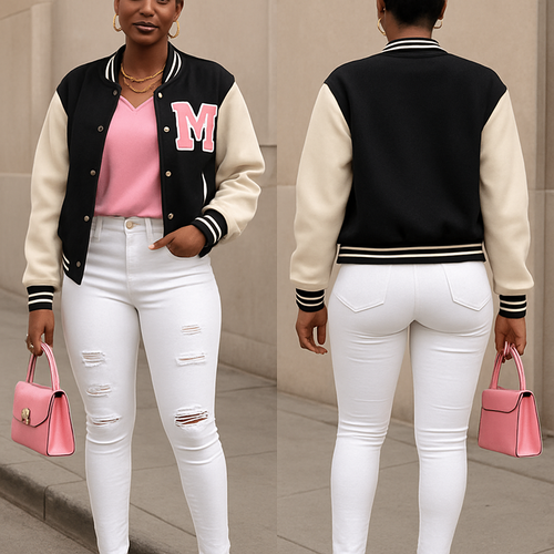 Black woman 
Pixie 
Pink blouse 
White fitted ripped jeans pink heels 
letterman jacket 
Gold jewelry
Pink purse 
Pink heels 

