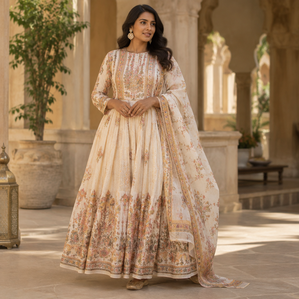A Female Dress design, with a light, flowing drape, with a Relaxed silhouette, with modest, full coverage: longer hemlines, higher necklines and covered shoulders, for Festival, suitable for Spring, in Elegant + Ethnic + Indian style, shown on a model with brown skin and a curvy figure. Australia fashion aesthetics. Present it as professional fashion catalogue photography: the garment is the subject, shown full-length with editorial styling, neutral posing and tasteful, non-suggestive framing.
photorealistic fashion design, A Female Dress design, with a light, flowing drape, with a Relaxed silhouette, with modest, full coverage: longer hemlines, higher necklines and covered shoulders, for Festival, suitable for Spring, in Elegant + Ethnic + Indian style, shown on a model with brown skin and a curvy figure. Australia fashion aesthetics. Present it as professional fashion catalogue photography: the garment is the subject, shown full-length with editorial styling, neutral posing and tasteful, non-suggestive framing., elegant style, just the design no text