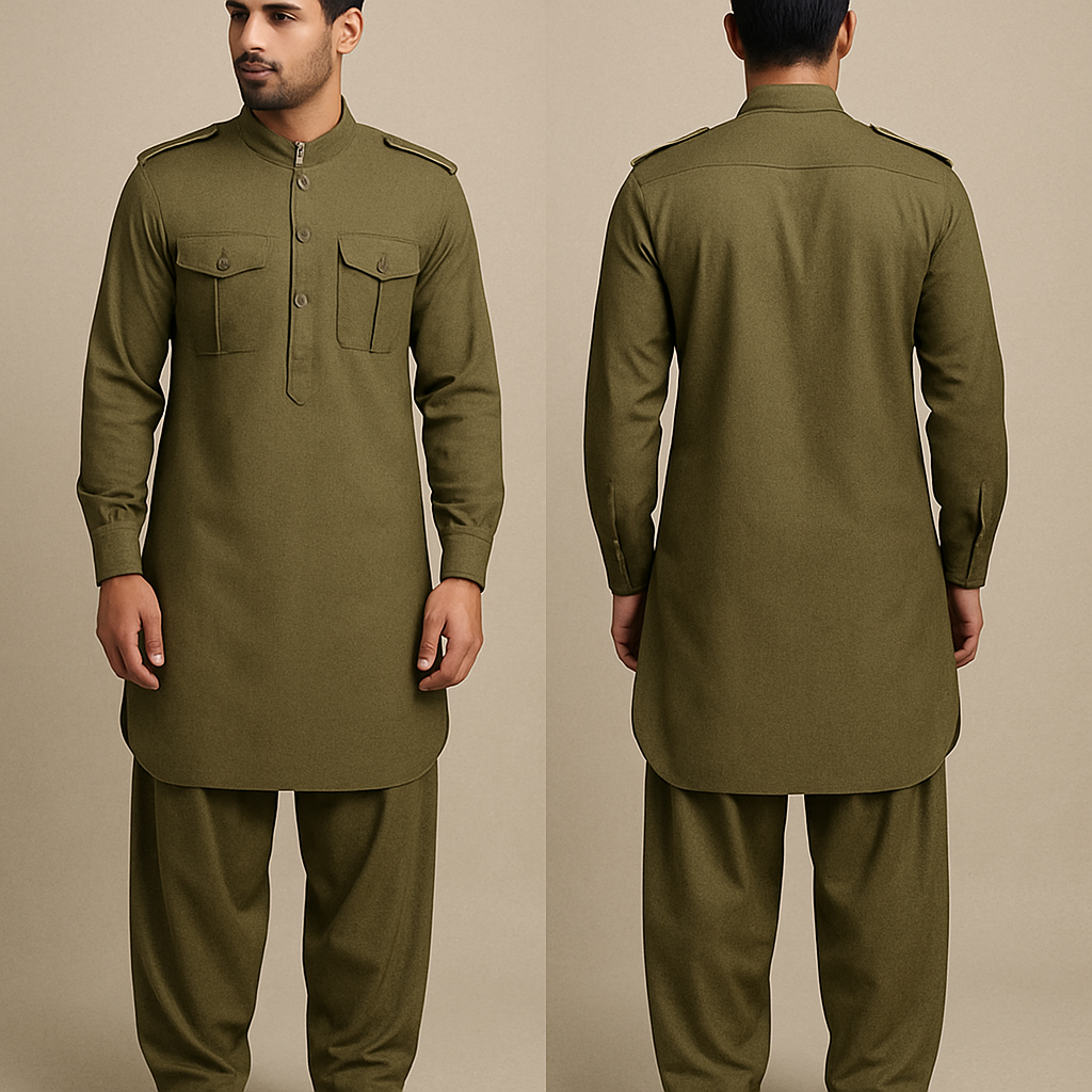 men pathani suit with army uniform style little touch
men pathani suit with army uniform style little touch, ethnic style, show front and back