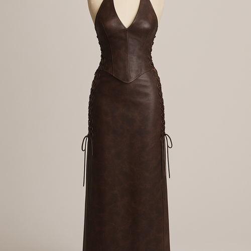 Leather full length maxi skirt dark brown colour with slight marble design
Criss cross laces up each side
Make skirt straight
Add matching corset top with halter neck and dipped curved hem with laces up each side
Remove cup details
Make v neck