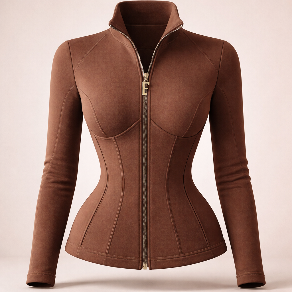 “Design a brown zip-up jacket with a built-in corset silhouette, made from soft, smooth fabric suitable for fall and winter. The material should feel premium and polished on the outside, not rough, giving a neat and structured appearance. The jacket features a front zipper with the pull designed in the shape of the letter ‘F’. Subtle raised seam lines in the same brown tone define the corset shape, adding a refined and modern detail. The overall design is minimal, elegant, and sophisticated, combining warmth, comfort, and a high-end athleisure aesthetic.”
Design a brown zip-up jacket in a fitted, structured silhouette with a built-in corset. Use soft, smooth fabric for a polished look. Features a front zipper with 'F' pull. Subtle raised seam lines create the corset shape. Minimal and elegant, combining warmth, comfort, and athleisure style.