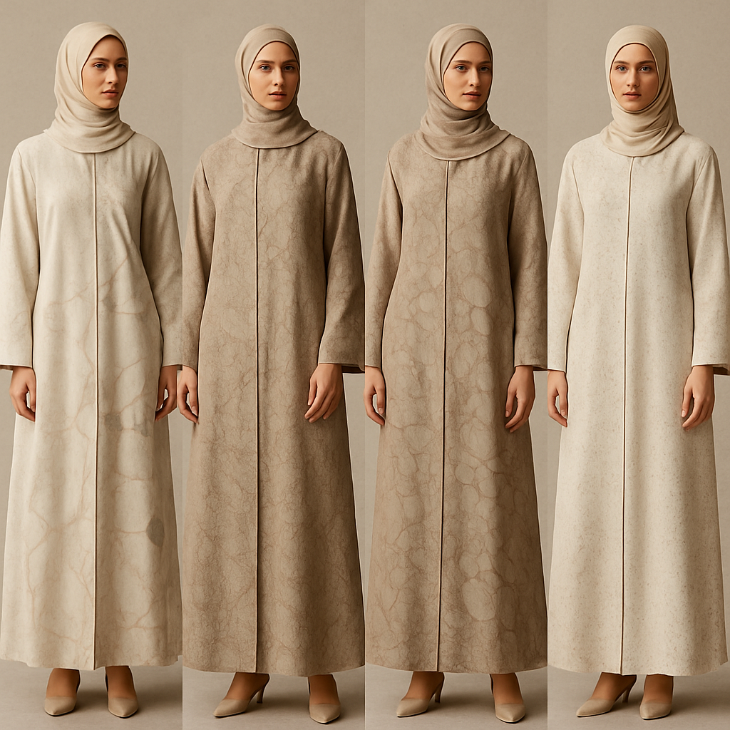 Create a modest two-piece linen abaya, the first of its kind, featuring a unique stone design that exudes a classy and sophisticated vibe. I’d like four designs, each showcasing different styles and fabrics. Incorporate high-end, unique chic stone designs to make them truly special. Add little sophisticated stone designs.

Create a modest two-piece linen abaya, the first of its kind, featuring a unique stone design that exudes a classy and sophisticated vibe. I’d like four designs, each showcasing different styles and fabrics. Incorporate high-end, unique chic stone designs to make them truly special. Add little sophisticated stone designs.