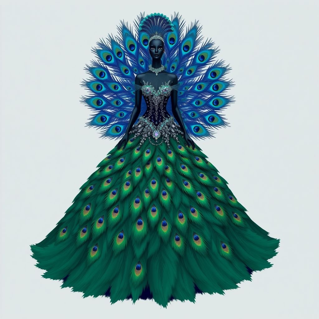 ball gown design based on an animal, beautiful and big and extravagant
Design a luxurious ball gown inspired by a peacock, featuring iridescent feathers cascading from a fitted bodice into a voluminous skirt. The gown incorporates intricate beading and vibrant jewel tones of emerald and sapphire, with a dramatic train that mimics a peacock's tail. Accentuate with a feathered headpiece for a show-stopping look.