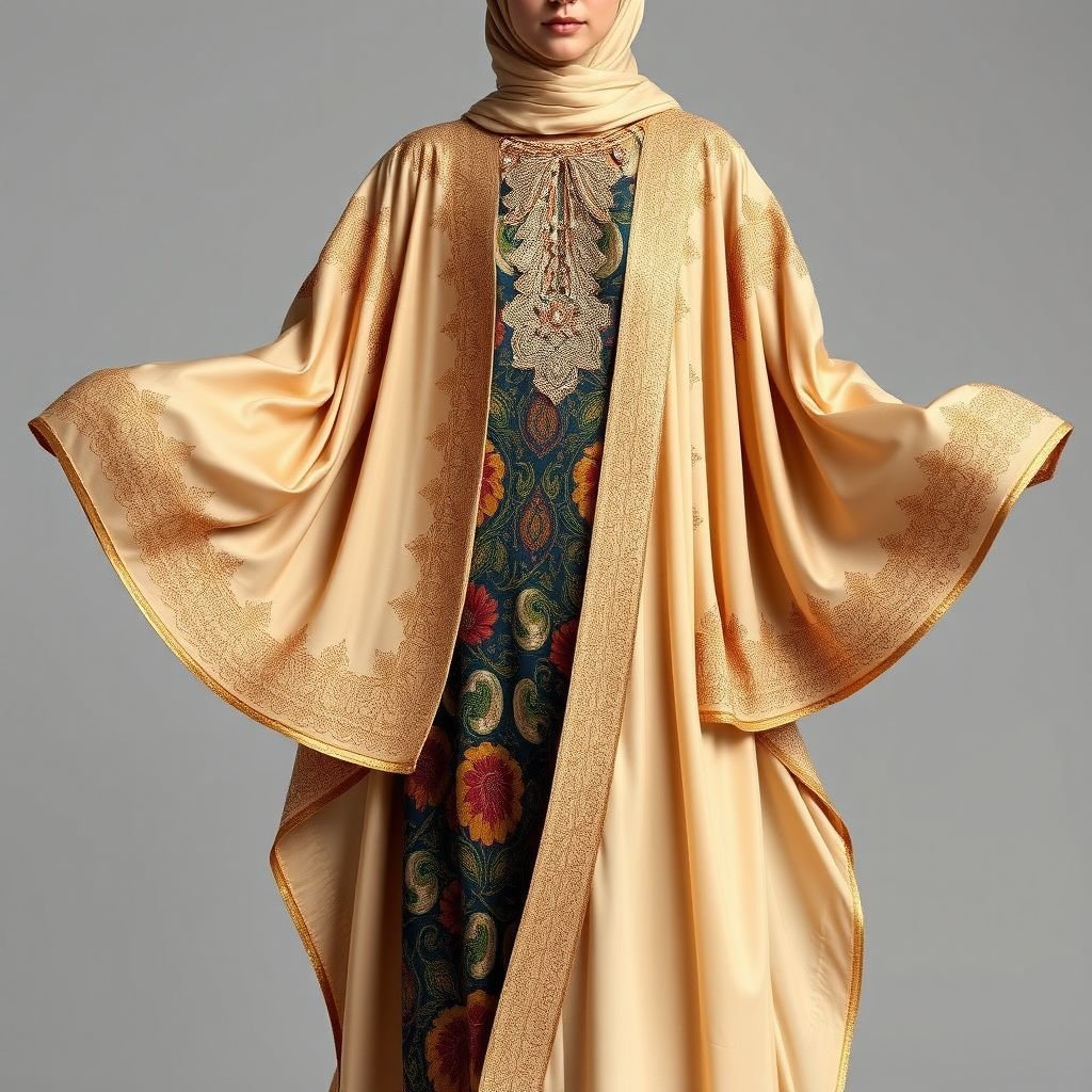An open Abaya suitable for wearing over Ankara
A flowing open Abaya, luxurious silk blend, adorned with intricate gold embroidery. Soft, earthy tones complement vibrant Ankara patterns beneath. Billowing sleeves, elegantly draped, enhance fluidity. Embellished neckline, subtle beading, merging traditional elegance with contemporary flair. Lightweight fabric cascades gracefully, perfect for warm climates. An essential blend of culture and modernity.