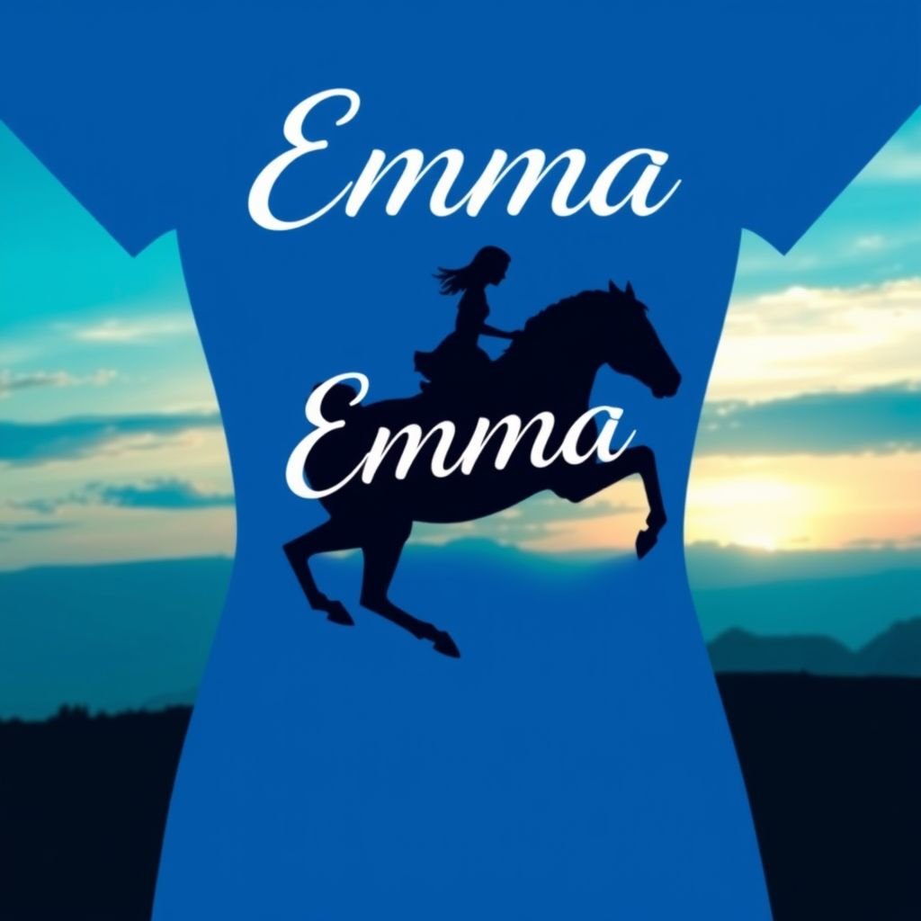 Blue shirt with the words Emma on them with girl rearing on horse and teal green and and blue background sunset
Design a whimsical fashion piece featuring a fitted, cobalt blue shirt emblazoned with the name "Emma" in elegant white cursive. Depict a graceful girl atop a galloping horse, silhouetted against a dreamy sunset of teal and azure hues. The nature-inspired motif embodies freedom and adventure, perfect for casual, expressive wear.